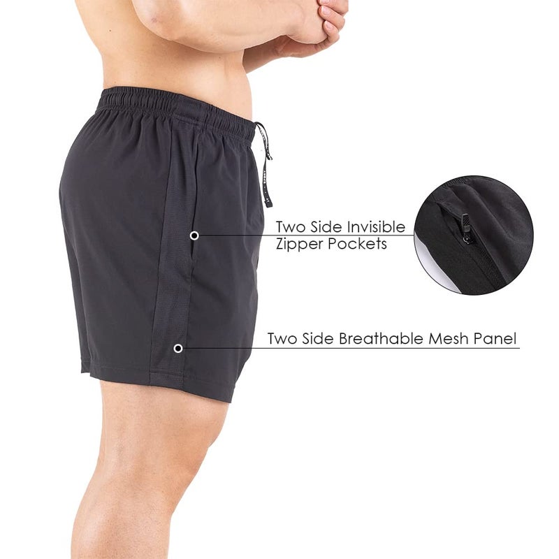 Gaglg Men's 5" Running Shorts 2 Pack Quick Dry Athletic Workout Gym Shorts with Zipper Pockets Black/Green,Medium - Image 5