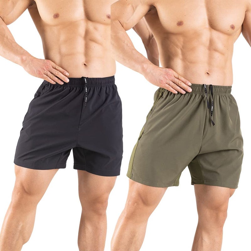 Gaglg Men's 5" Running Shorts 2 Pack Quick Dry Athletic Workout Gym Shorts with Zipper Pockets Black/Green,Medium - Image 2