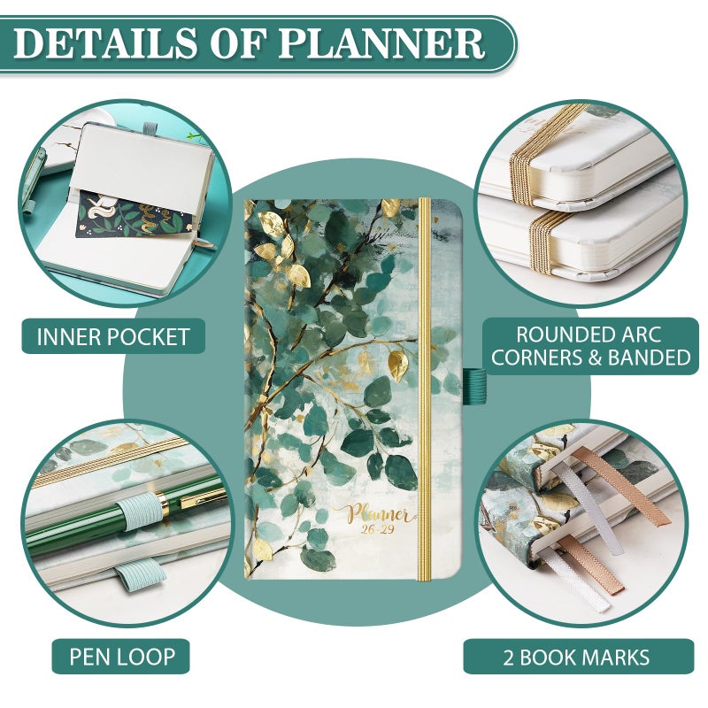 Makapoo 2026-2029 Pocket Planner/Calendar - 3 Year Planner 2026-2029, July 2026 - June 2029(36 Months), 6.3" x 3.7", 3 Year Monthly Planners with Inner Pocket, Pen Holder & Elastic Closure - Art Leaves - Image 4