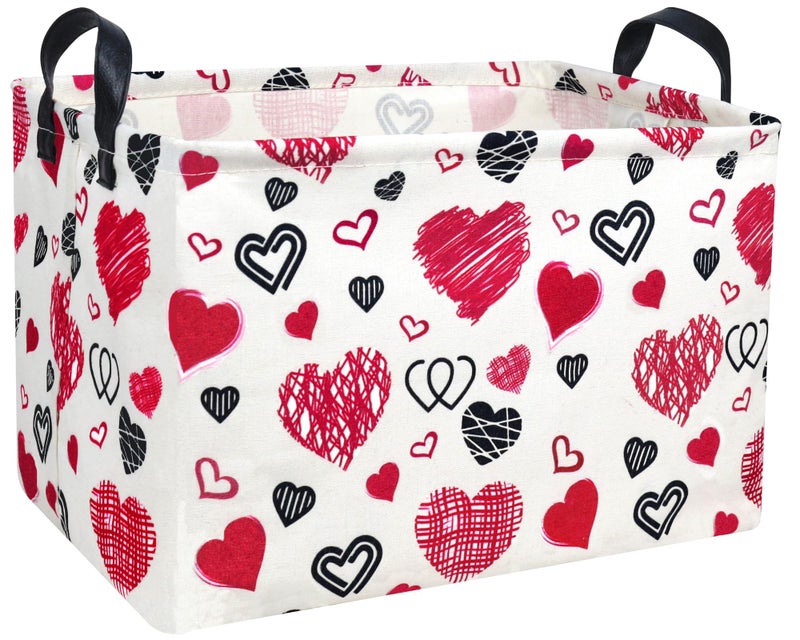 Boohit Valentines Day Basket Large Foldable Heart Shaped Storage Box For Gifts Kids Empty Storage Bins Rectangular Toy Organizer Decor (Black Pink Line Love) - Image 1