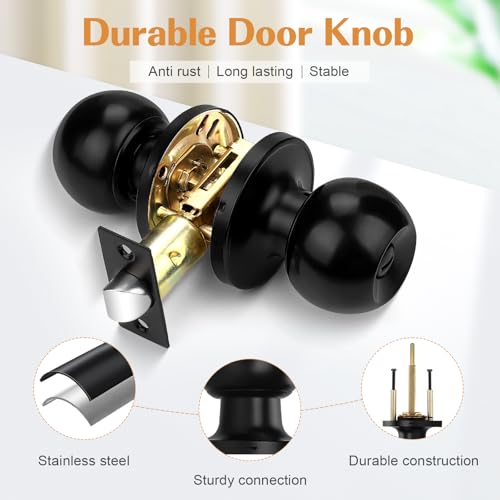 Probrico Flat Black Ball Privacy Door Knobs, Interior Bedroom Bathroom Door Handles Keyless Round Bed/Bath Locksets (10 Pack) - Image 4