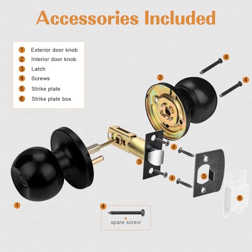 Probrico Flat Black Ball Privacy Door Knobs, Interior Bedroom Bathroom Door Handles Keyless Round Bed/Bath Locksets (10 Pack) - Image 5