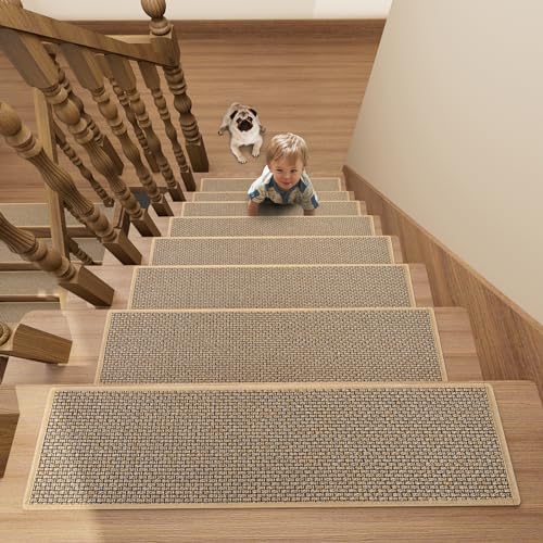 SUMLANS Stair Treads Carpet 15 pcs for Wooden Steps with Non Slip Rubber Backing, 100% Polyester Soft Stairs Resistant Indoor Skid Runner Safety Rugs for Kids Elders and Pets 30" * 8" (Brown) - Image 1