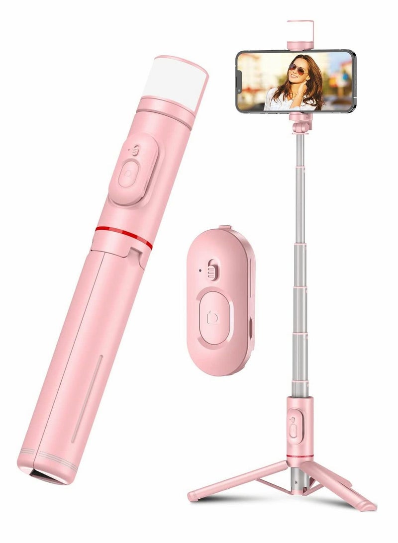 Bluetooth Selfie Stick Tripod 270 Rotation Extendable 3 in 1 Aluminum with Fill Light Mobile Phone Self Timer Rotating Live Broadcast Support for iPhone Android (Pink) - Image 1
