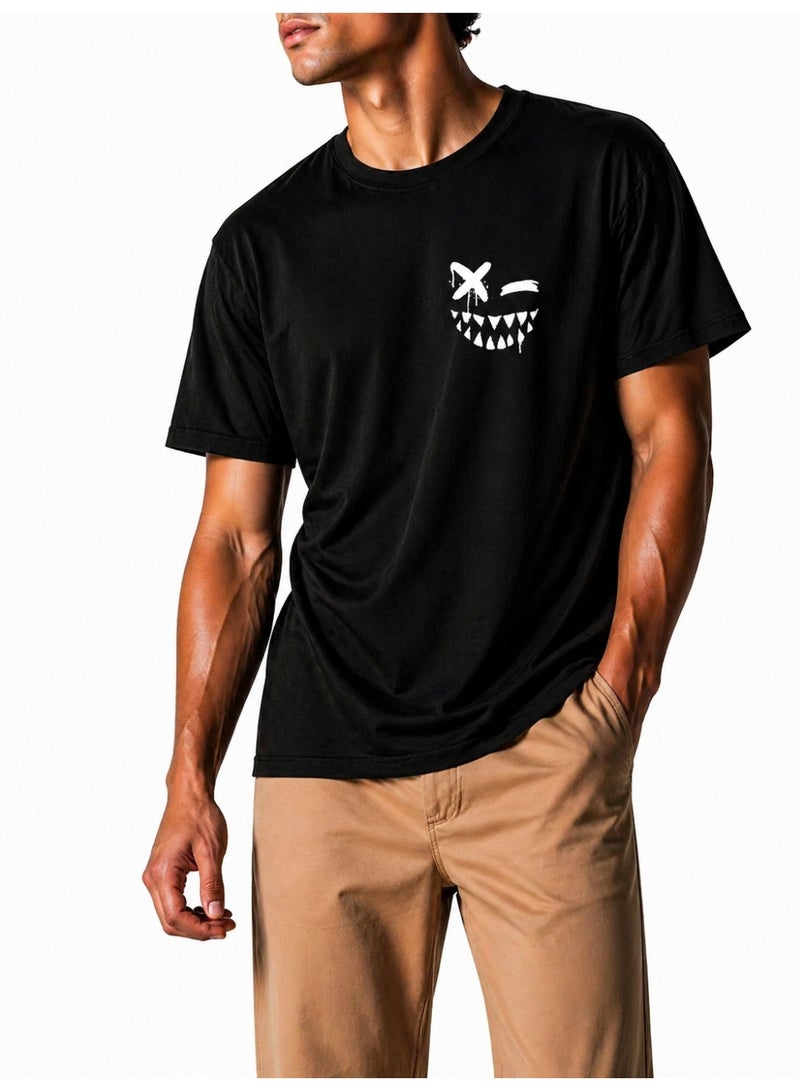 Men's Relax Fit Cotton T-shirt with Monster Face Print - Black - Image 1