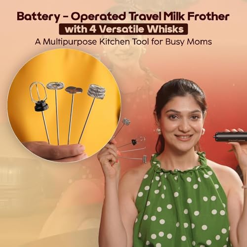 InstaCuppa Battery Operated Travel Milk Frother with 4 Stainless Steel Whisks (Classic Froth, Thick Foam, Egg Beater, Protein Mixer) Coffee Beater for Lattes - Image 2