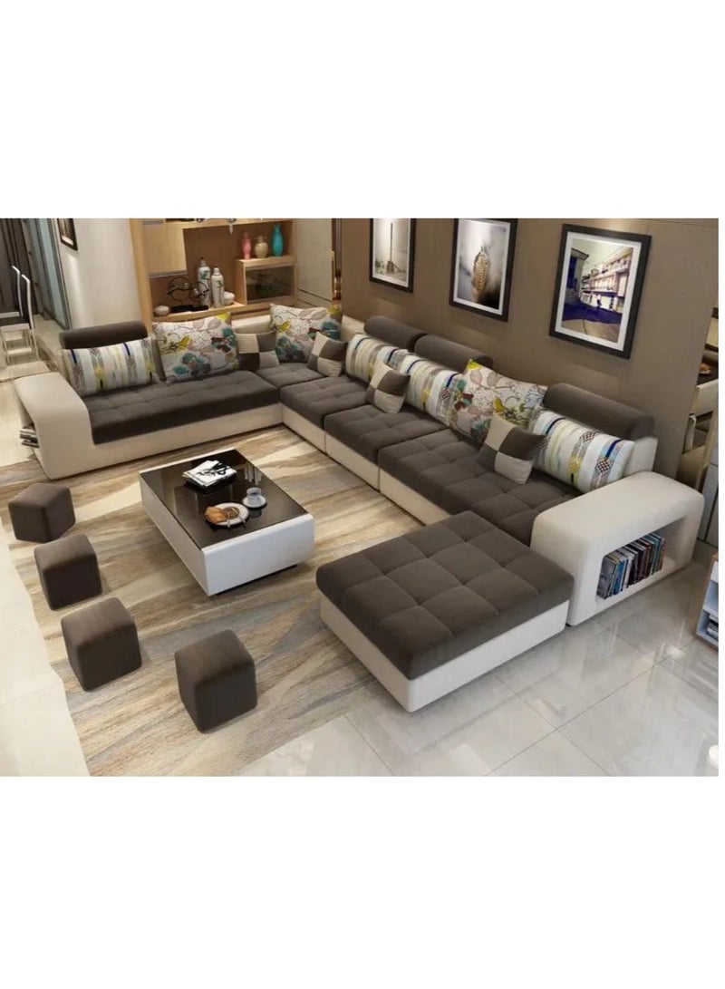 Ripple FURNITURE Simple Leisure  Fashion  Fabric Combination Living Room Sofa Set L Shape 7 Seaters Brown 360X90X85  - Image 1