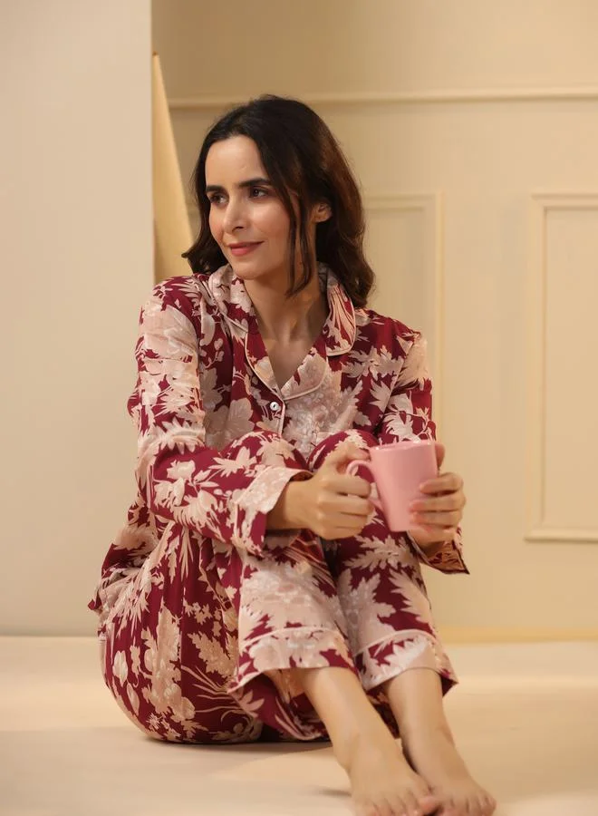 sanskrutihomes Cotton Floral Pocket Detail Shirt And Pyjama Set