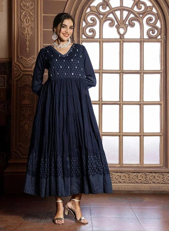 ISHIN Ishin Women Blue Printed V Neck Cotton A-Line Midi Dress