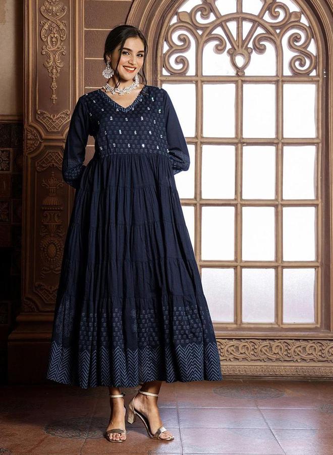 Ishin Women Blue Printed V Neck Cotton A-Line Midi Dress - Image 2