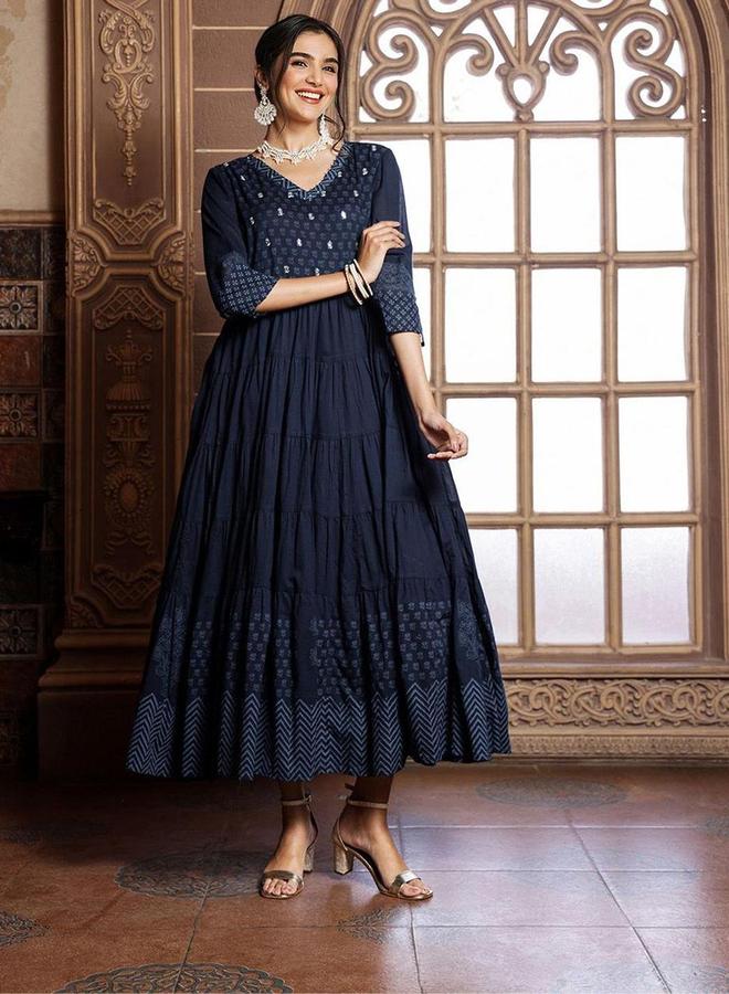 Ishin Women Blue Printed V Neck Cotton A-Line Midi Dress - Image 4