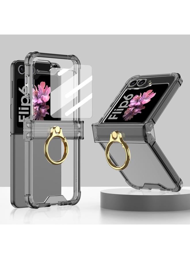 erorex For Samsung Galaxy Z Flip6 / Flip7 Fe Gkk Airbag Hinge Silicone Phone Case With Ring Holder & Tempered Film(Transparent Black) - Image 1