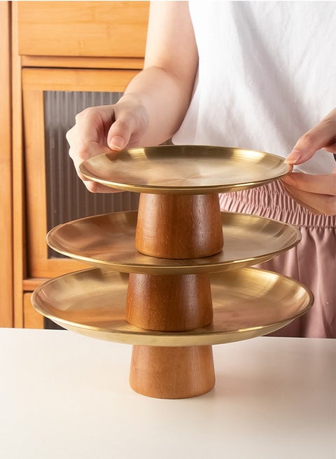 3PCS Stainless steel party plate Set Stainless Steel Cupcake Stand Home decoration tray Dessert Stand Fruit Tray Pastry Serving Tray Plate Dessert Display Service Stand for Anniversary Birthday Party durable and easy to clean with a beautiful solid wood base