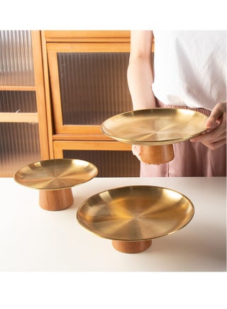 3PCS Stainless steel party plate Set Stainless Steel Cupcake Stand Home decoration tray Dessert Stand Fruit Tray Pastry Serving Tray Plate Dessert Display Service Stand for Anniversary Birthday Party durable and easy to clean with a beautiful solid wood base - view 2