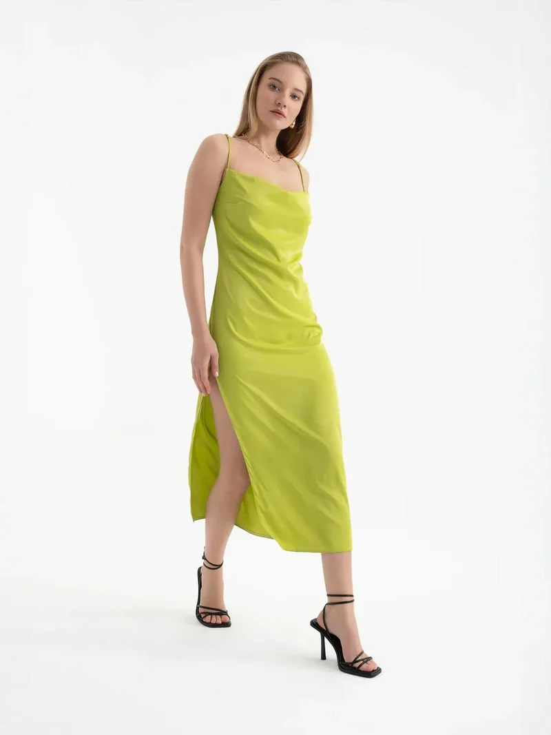 HICCUP Satin Cowl Neck Strappy Slit Maxi Dress