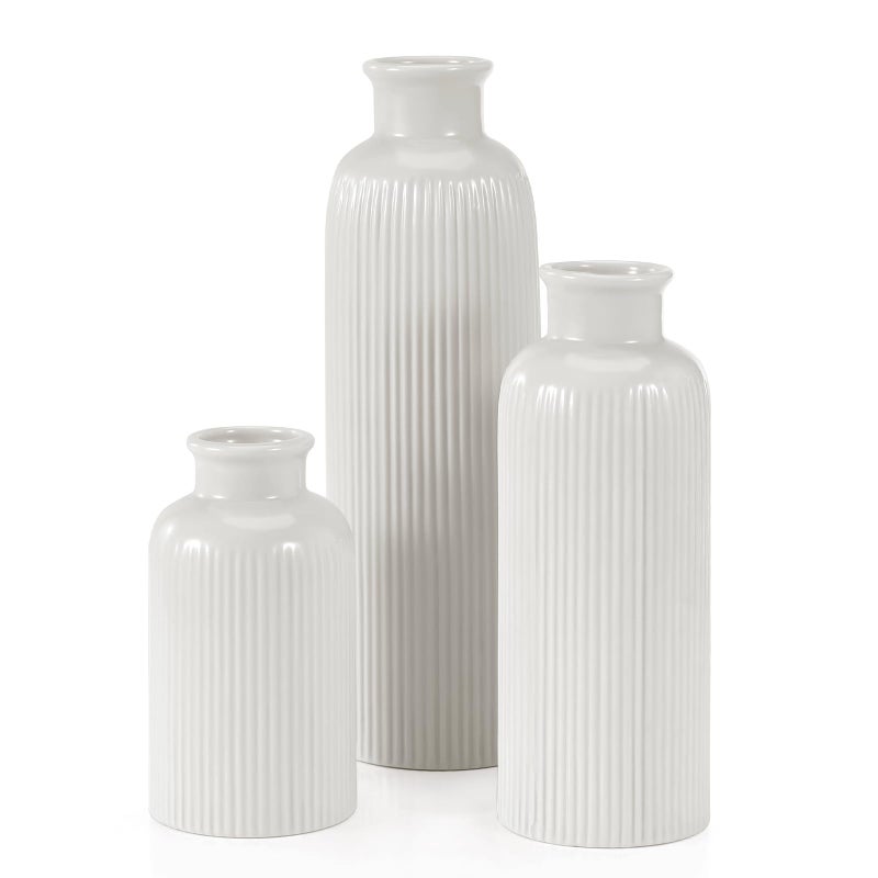 Small White Ceramic Vase Set of 3 Boho Modern White Flower Vase Room Decor Farmhouse Decor Vases for Your Kitchen Bathroom Bedroom Living Room OfficeShelf Centerpiece Table Decorations