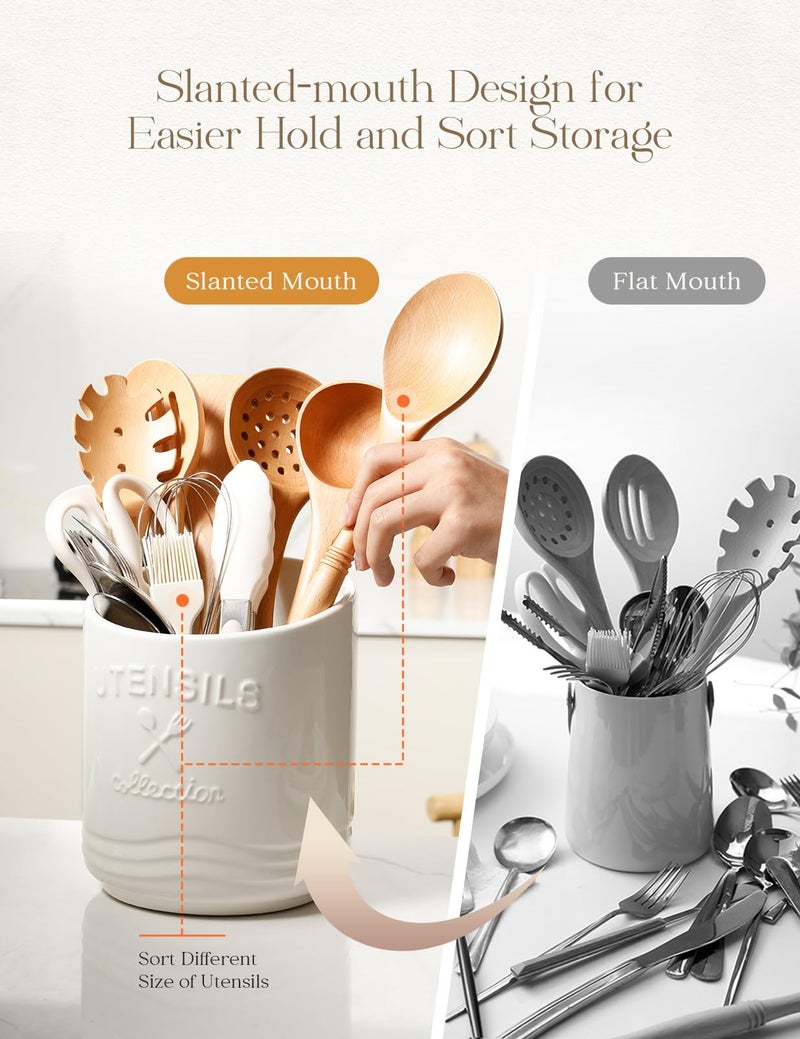 AISBUGUR Large Ceramic Utensil Holder: 7.5" HÃ—6.3" W with Slanted Mouth - Utensil Crock with Non-Slip Cork Base for Kitchen Counter, Ideal for Decor & Gift, White - Image 4