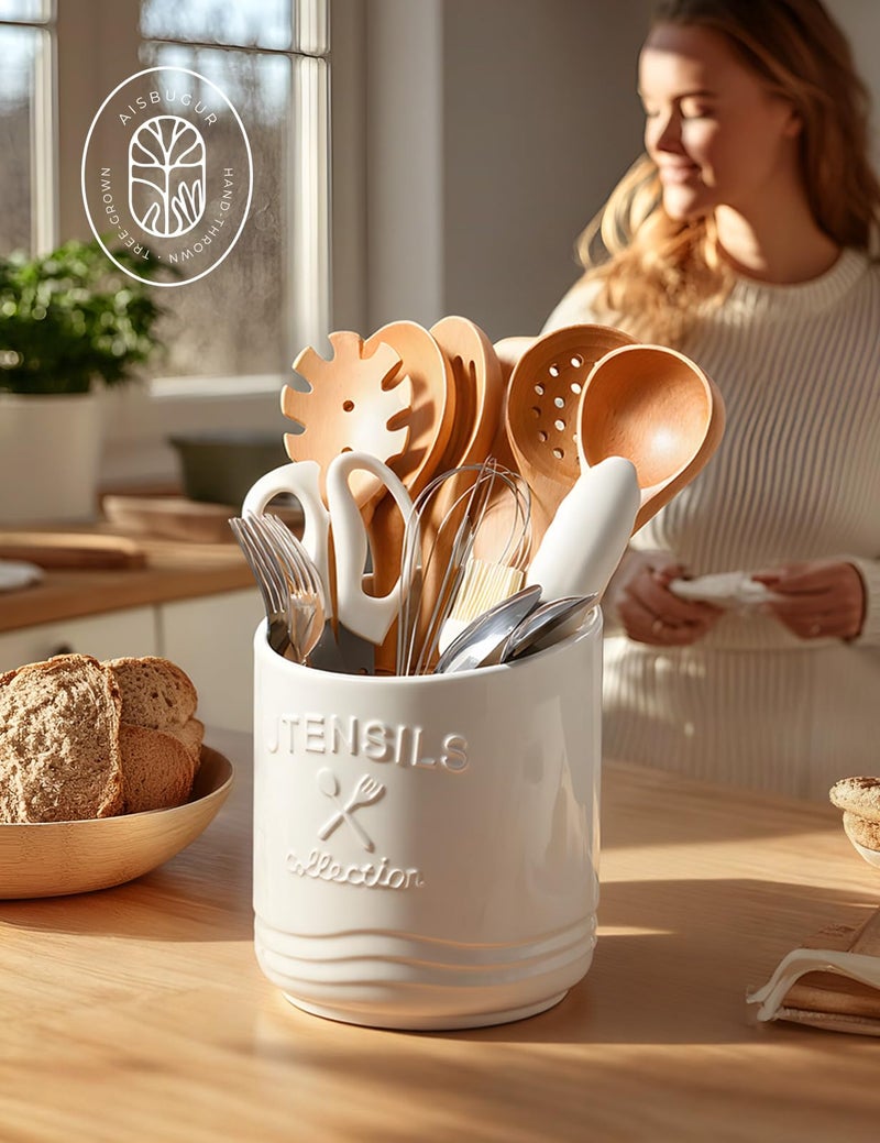 AISBUGUR Large Ceramic Utensil Holder: 7.5" HÃ—6.3" W with Slanted Mouth - Utensil Crock with Non-Slip Cork Base for Kitchen Counter, Ideal for Decor & Gift, White - Image 5
