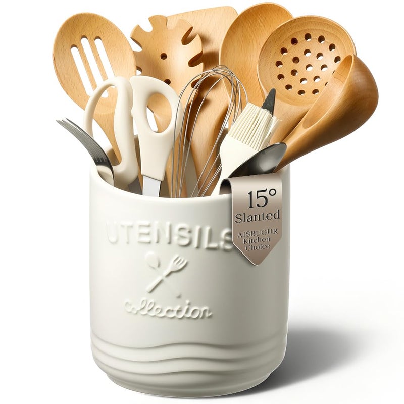 AISBUGUR Large Ceramic Utensil Holder: 7.5" HÃ—6.3" W with Slanted Mouth - Utensil Crock with Non-Slip Cork Base for Kitchen Counter, Ideal for Decor & Gift, White - Image 1