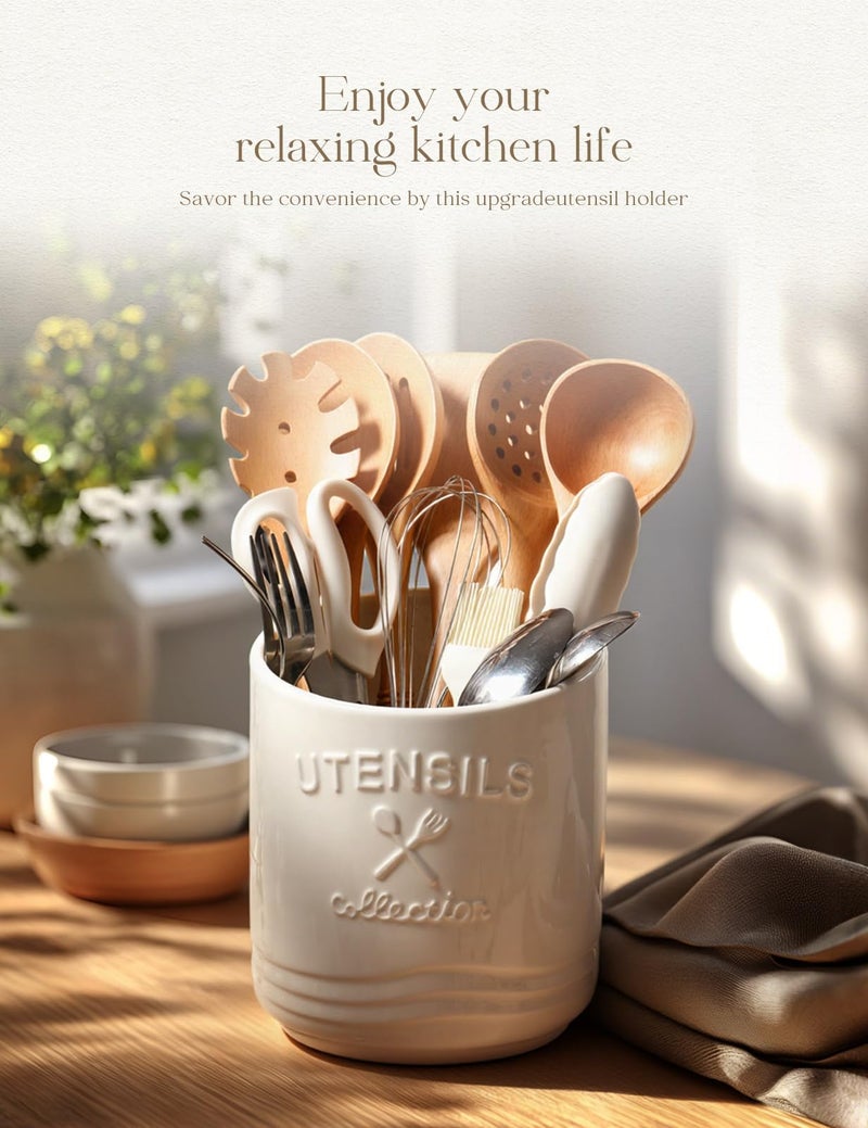 AISBUGUR Large Ceramic Utensil Holder: 7.5" HÃ—6.3" W with Slanted Mouth - Utensil Crock with Non-Slip Cork Base for Kitchen Counter, Ideal for Decor & Gift, White - Image 2