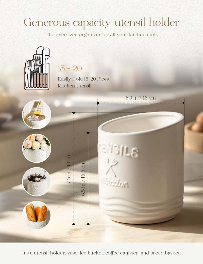 AISBUGUR Large Ceramic Utensil Holder: 7.5" HÃ—6.3" W with Slanted Mouth - Utensil Crock with Non-Slip Cork Base for Kitchen Counter, Ideal for Decor & Gift, White - Image 3