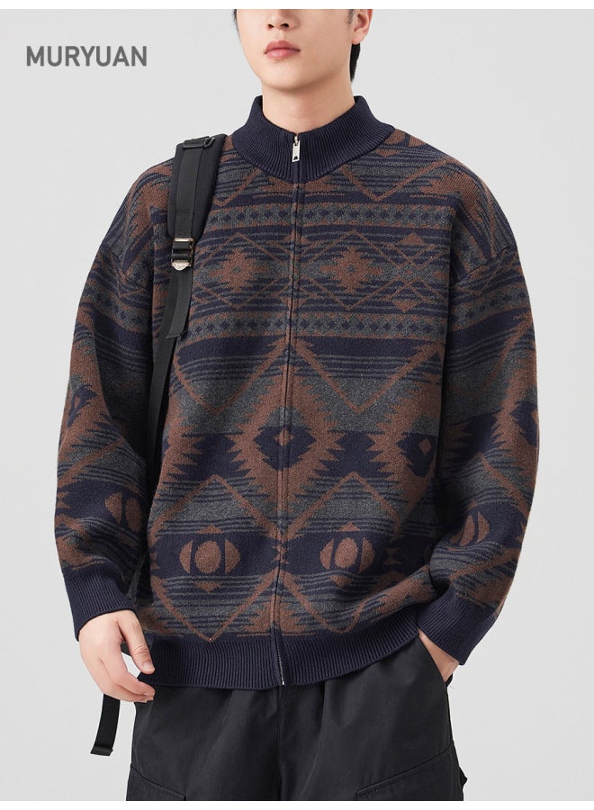 Fair Isle Cardigan Stand Collar Sweater Men's Autumn Winter New Jacquard Ethnic Style Knitted Coat