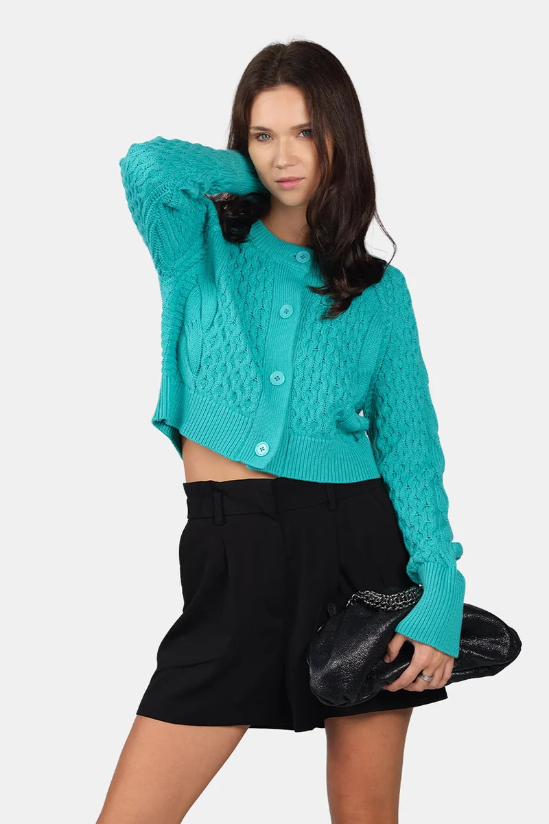 فيرجيو Self Design Cotton Cable Knit Crop Cardigan for Women