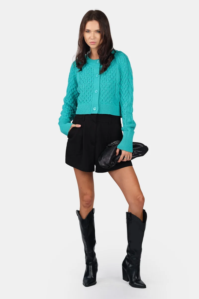 فيرجيو Self Design Cotton Cable Knit Crop Cardigan for Women