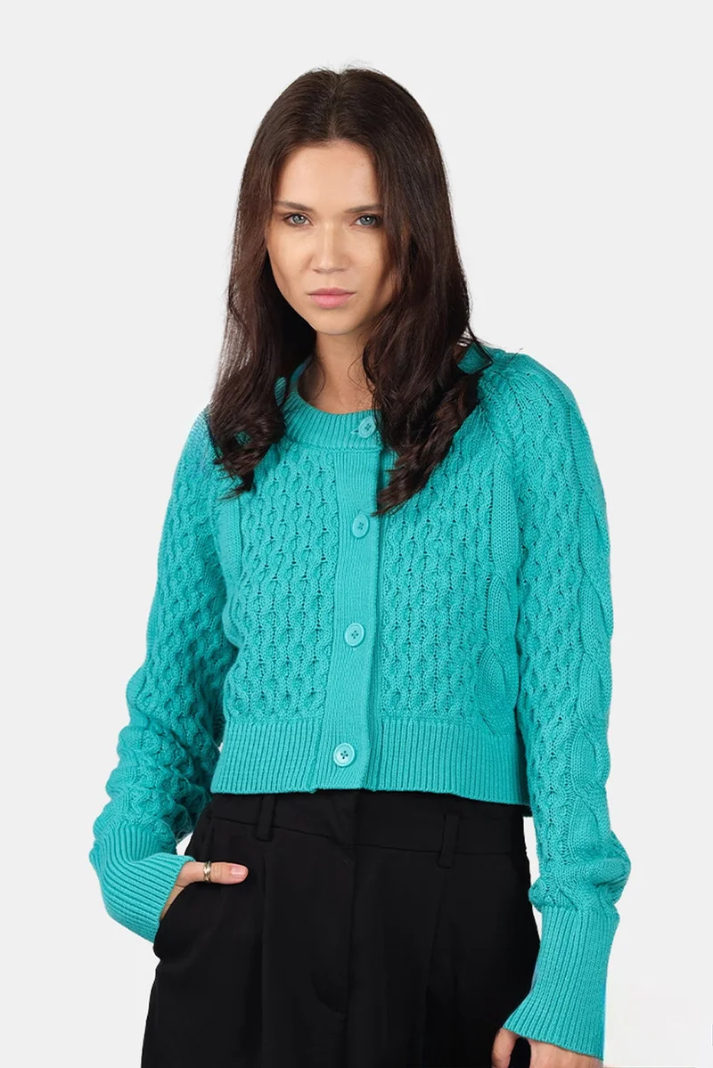 فيرجيو Self Design Cotton Cable Knit Crop Cardigan for Women