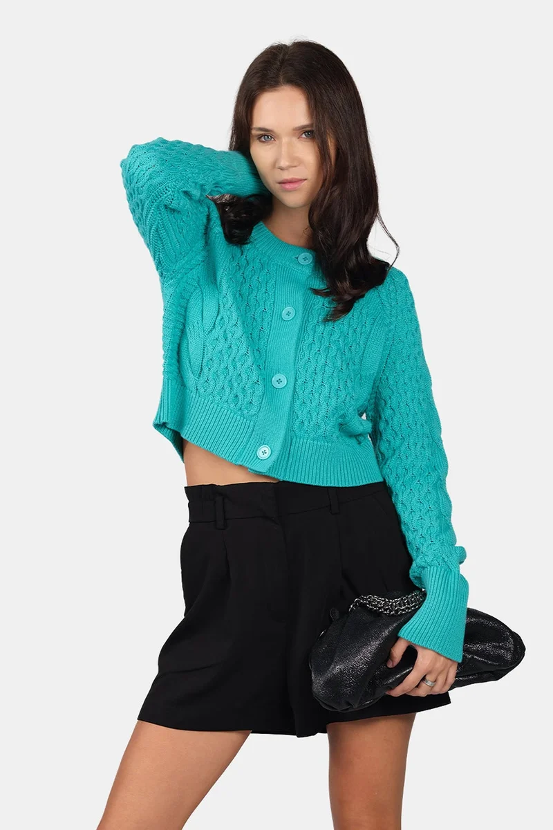 فيرجيو Self Design Cotton Cable Knit Crop Cardigan for Women