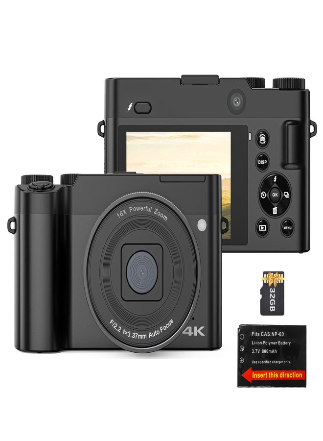 4K Digital Camera Digital Video Camera 64MP Dual Lens 2.8 Inch IPS Screen Auto Focus 16X Digital Zoom 20 Filter Effects Built-in Flash Battery with 32GB TF Card Birthday Festival Gift for Students - Image 1