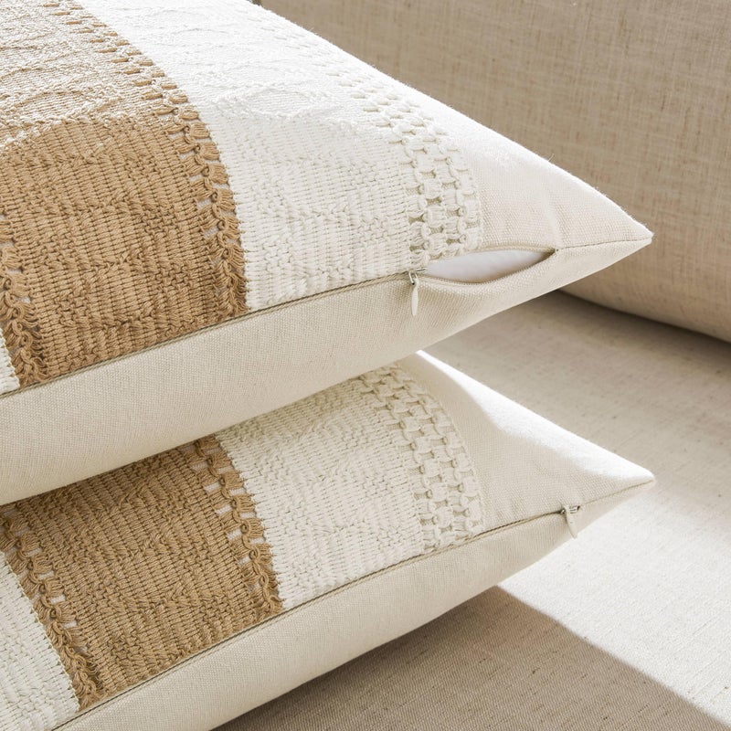 ZeeMart 2 Packs Cotton Boho Throw Pillow Covers 20x20 Inch Contrast Brown  Soft Farmhouse Decorative Couch Pillow Cases Neutral Cushion Covers for Sofa Bed Living Room Home Decor - Image 3
