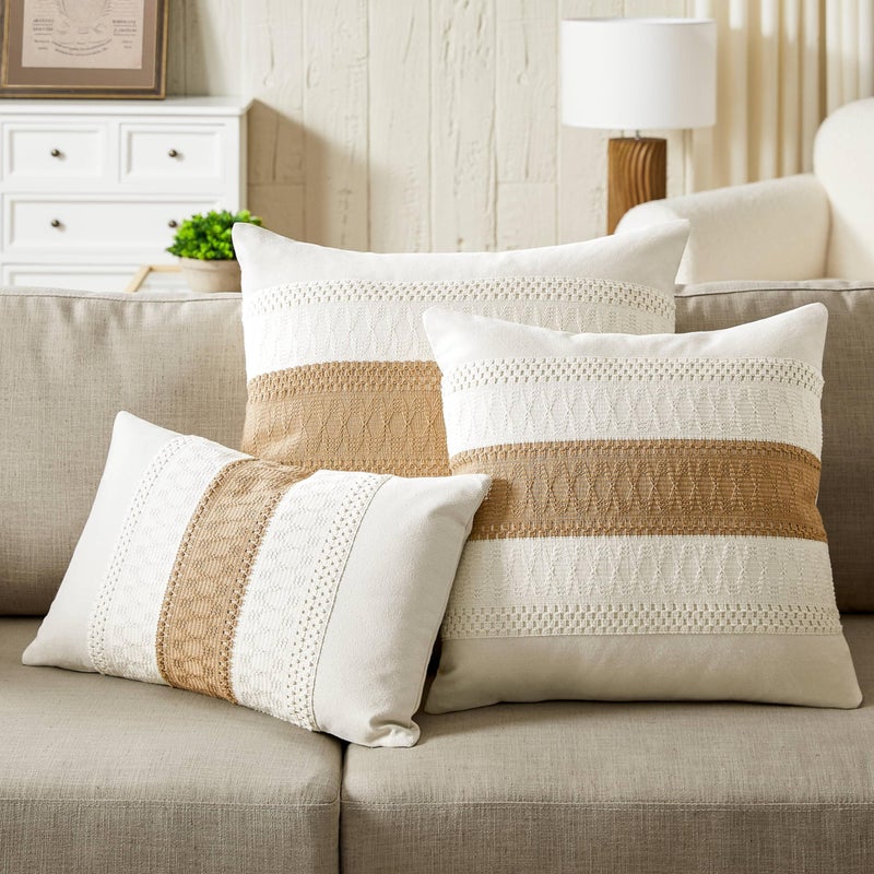 ZeeMart 2 Packs Cotton Boho Throw Pillow Covers 20x20 Inch Contrast Brown  Soft Farmhouse Decorative Couch Pillow Cases Neutral Cushion Covers for Sofa Bed Living Room Home Decor - Image 5