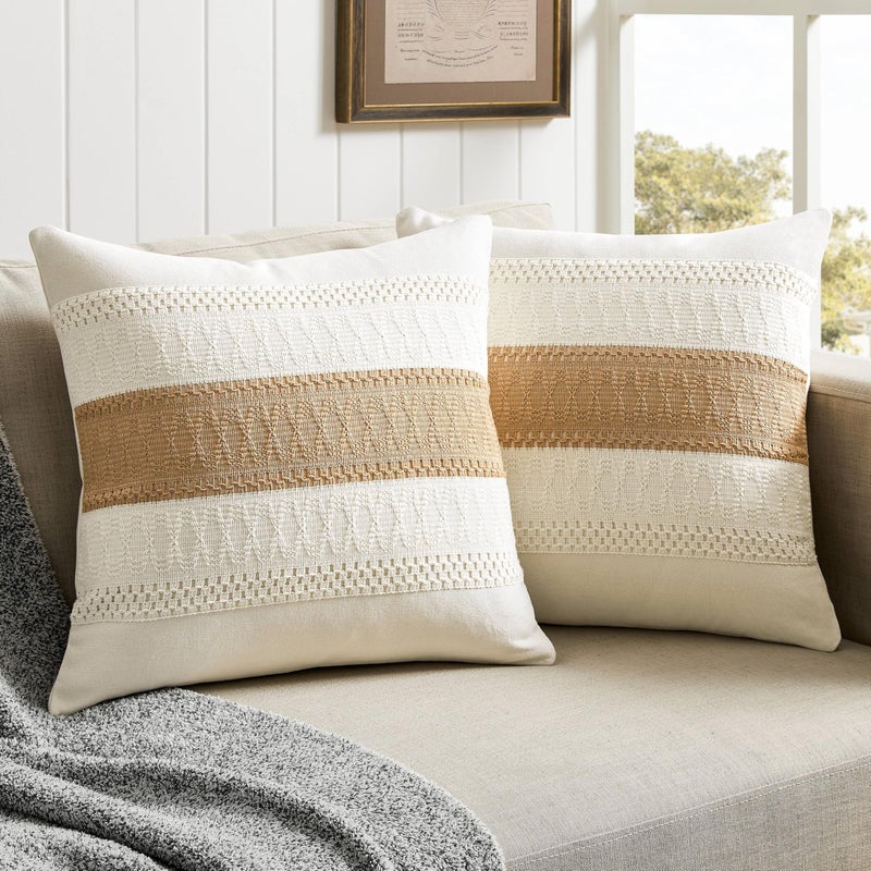 ZeeMart 2 Packs Cotton Boho Throw Pillow Covers 20x20 Inch Contrast Brown  Soft Farmhouse Decorative Couch Pillow Cases Neutral Cushion Covers for Sofa Bed Living Room Home Decor - Image 1