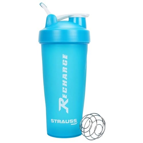 Strauss Recharge Shaker Bottle | BPA-Free Protein Shaker with Blender Ball | Leak-Proof Gym Bottle for Protein Shakes | Gym Bottle for Men and Women | Ideal for Gym, Yoga & Running, 600 ml (Blue) - Image 1