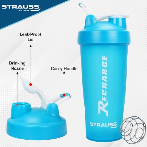 Strauss Recharge Shaker Bottle | BPA-Free Protein Shaker with Blender Ball | Leak-Proof Gym Bottle for Protein Shakes | Gym Bottle for Men and Women | Ideal for Gym, Yoga & Running, 600 ml (Blue) - Image 3
