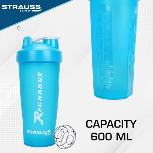 Strauss Recharge Shaker Bottle | BPA-Free Protein Shaker with Blender Ball | Leak-Proof Gym Bottle for Protein Shakes | Gym Bottle for Men and Women | Ideal for Gym, Yoga & Running, 600 ml (Blue) - Image 4