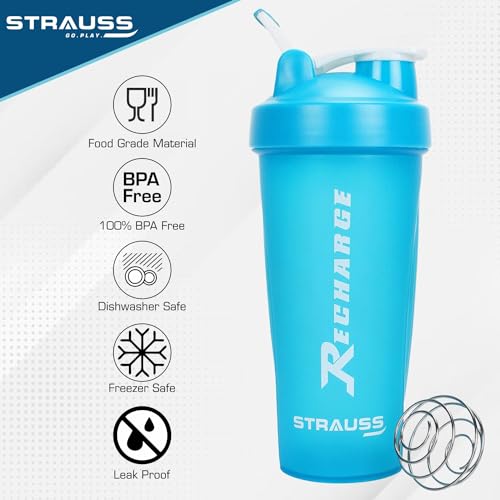 Strauss Recharge Shaker Bottle | BPA-Free Protein Shaker with Blender Ball | Leak-Proof Gym Bottle for Protein Shakes | Gym Bottle for Men and Women | Ideal for Gym, Yoga & Running, 600 ml (Blue) - Image 2