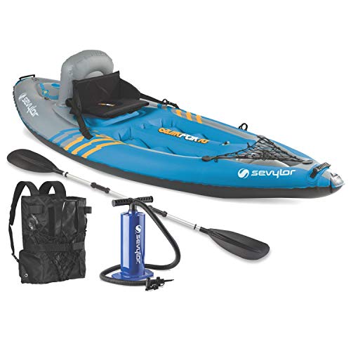 Sevylor QuickPak K1 1Person Inflatable Kayak Kayak Folds into Backpack with 5Minute Setup 21Gauge PVC Construction Hand Pump Paddle Included
