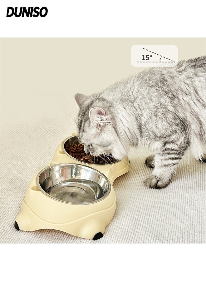 DUNISO Elevated Cat Bowl Pet Food Water Bowls Tilted Rised Cat Bowl with 2 Stainless Steel Pet Bowls 15° Tilted Anti-Vomiting Wide Shallow Raised Feeding Dishes Non-Slip Protect Pet's Spine Feeding Bowls for Cats and Puppy - Image 1