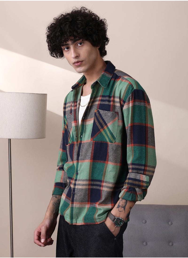 Campus Sutra Campus Sutra Men's Green & Blue Plaid-Check Utility Shacket For Casual Wear | Spread Collar | Long Cuffed Sleeves | Button Closure | Overshirt/Shacket Crafted With Comfort Fit For Everyday Wear  - Image 3