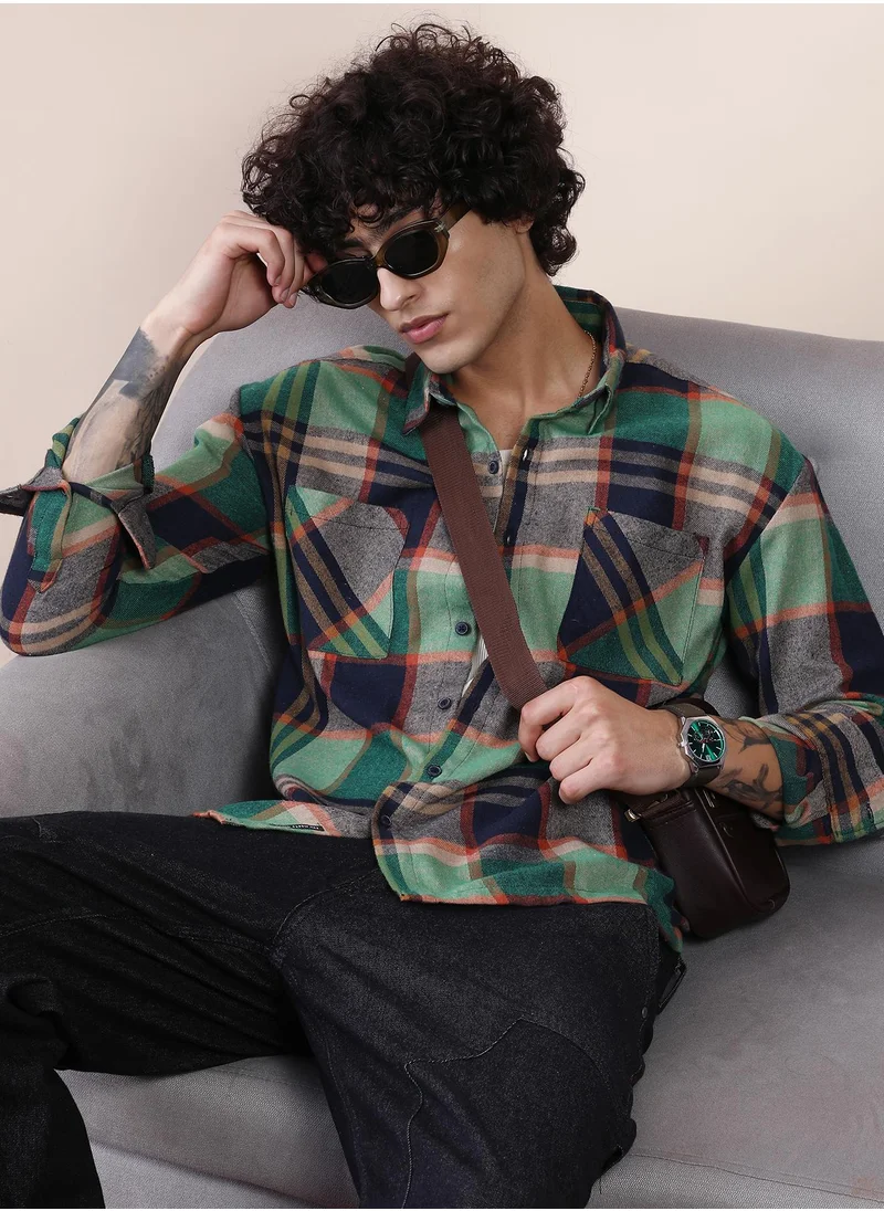 Campus Sutra Campus Sutra Men's Green & Blue Plaid-Check Utility Shacket For Casual Wear | Spread Collar | Long Cuffed Sleeves | Button Closure | Overshirt/Shacket Crafted With Comfort Fit For Everyday Wear