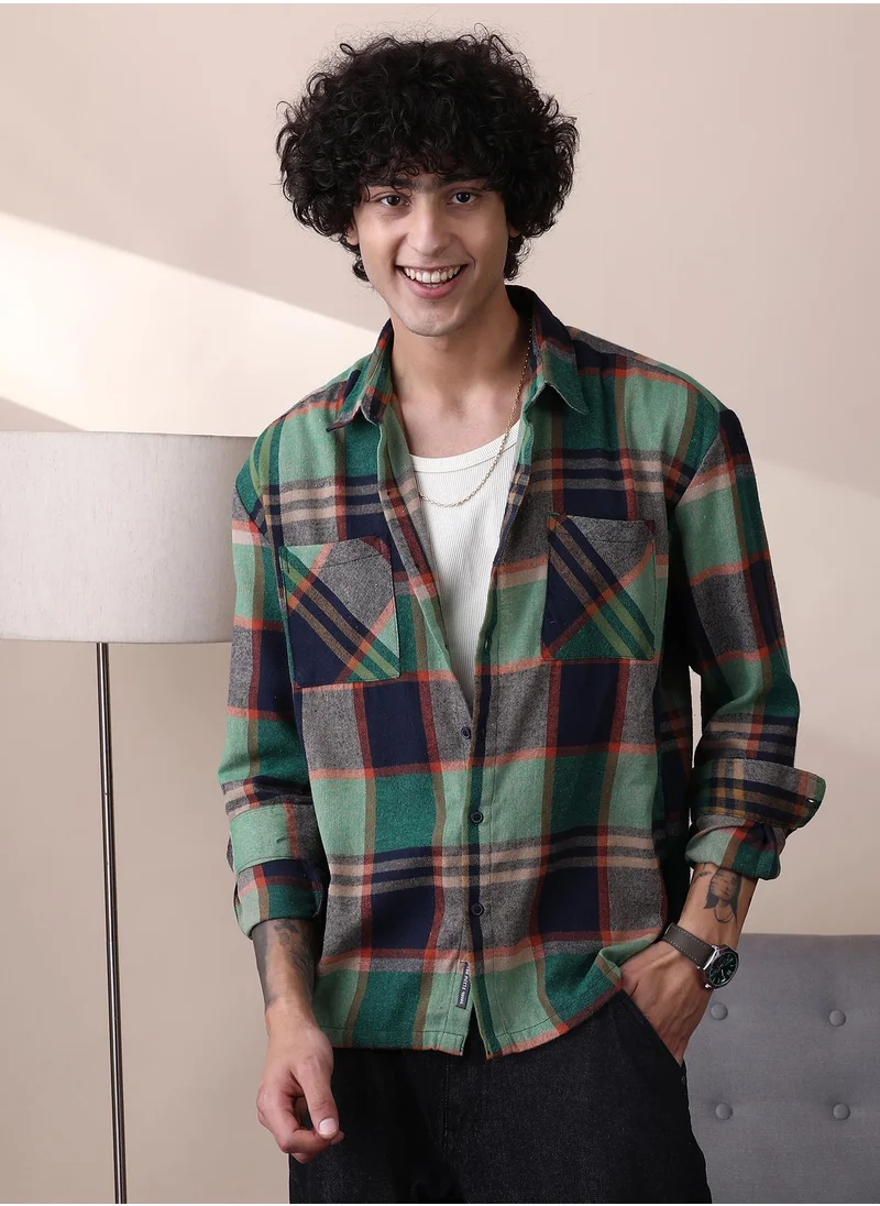 Campus Sutra Campus Sutra Men's Green & Blue Plaid-Check Utility Shacket For Casual Wear | Spread Collar | Long Cuffed Sleeves | Button Closure | Overshirt/Shacket Crafted With Comfort Fit For Everyday Wear