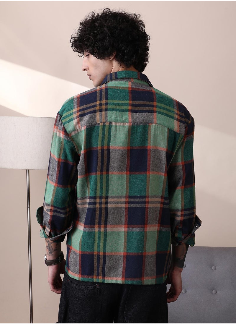 Campus Sutra Campus Sutra Men's Green & Blue Plaid-Check Utility Shacket For Casual Wear | Spread Collar | Long Cuffed Sleeves | Button Closure | Overshirt/Shacket Crafted With Comfort Fit For Everyday Wear  - Image 5