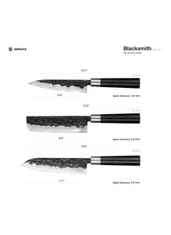 Samura Samura Blacksmith Kitchen Knives Set of 3 | Utility Knife, Nakiri Knife, Santoku Knife | High Carbon Hammered Steel | Professional Grade | Precision Cutting | Handmade | Hardness 58-59 HRC  - Image 4