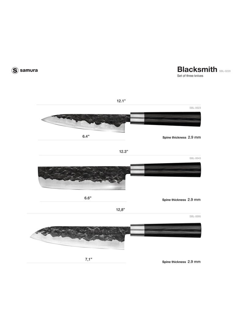 Samura Samura Blacksmith Kitchen Knives Set of 3 | Utility Knife, Nakiri Knife, Santoku Knife | High Carbon Hammered Steel | Professional Grade | Precision Cutting | Handmade | Hardness 58-59 HRC  - Image 4