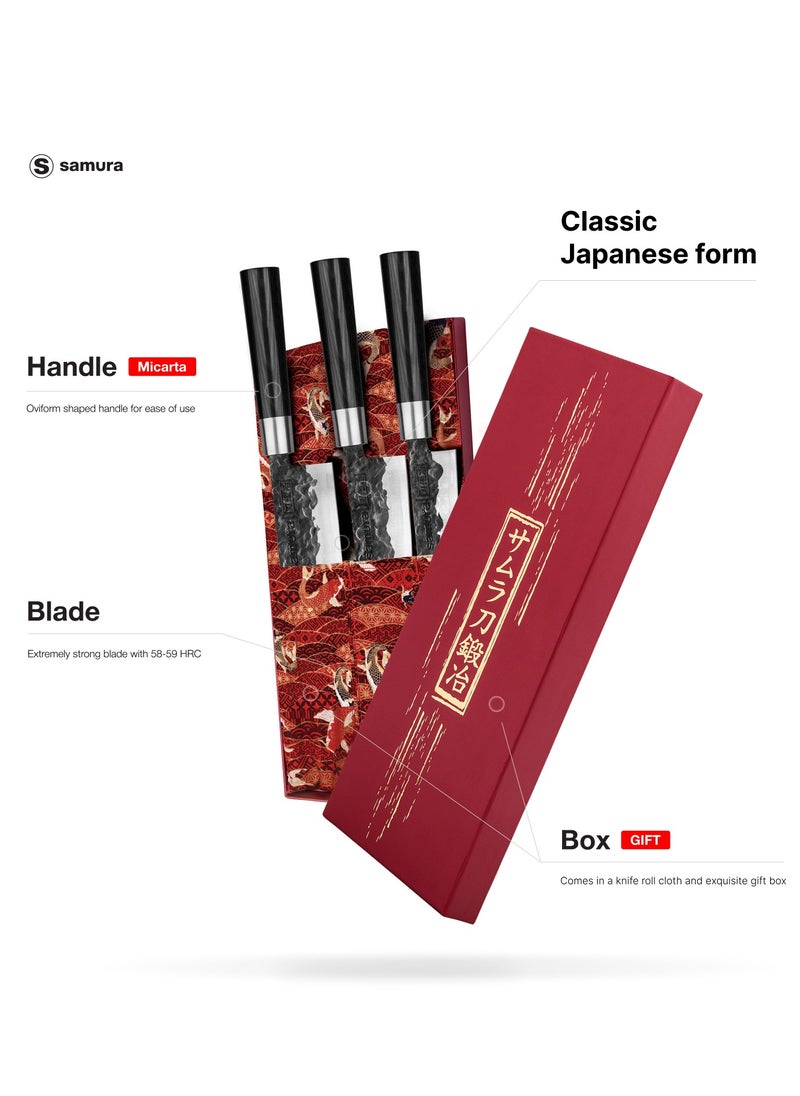 Samura Samura Blacksmith Kitchen Knives Set of 3 | Utility Knife, Nakiri Knife, Santoku Knife | High Carbon Hammered Steel | Professional Grade | Precision Cutting | Handmade | Hardness 58-59 HRC  - Image 2