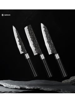 Samura Samura Blacksmith Kitchen Knives Set of 3 | Utility Knife, Nakiri Knife, Santoku Knife | High Carbon Hammered Steel | Professional Grade | Precision Cutting | Handmade | Hardness 58-59 HRC  - Image 5