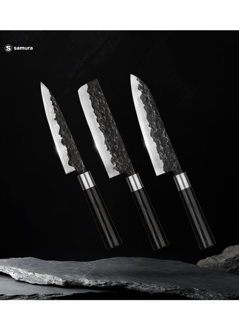 Samura Samura Blacksmith Kitchen Knives Set of 3 | Utility Knife, Nakiri Knife, Santoku Knife | High Carbon Hammered Steel | Professional Grade | Precision Cutting | Handmade | Hardness 58-59 HRC  - Image 5