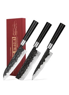 Samura Samura Blacksmith Kitchen Knives Set of 3 | Utility Knife, Nakiri Knife, Santoku Knife | High Carbon Hammered Steel | Professional Grade | Precision Cutting | Handmade | Hardness 58-59 HRC  - Image 1